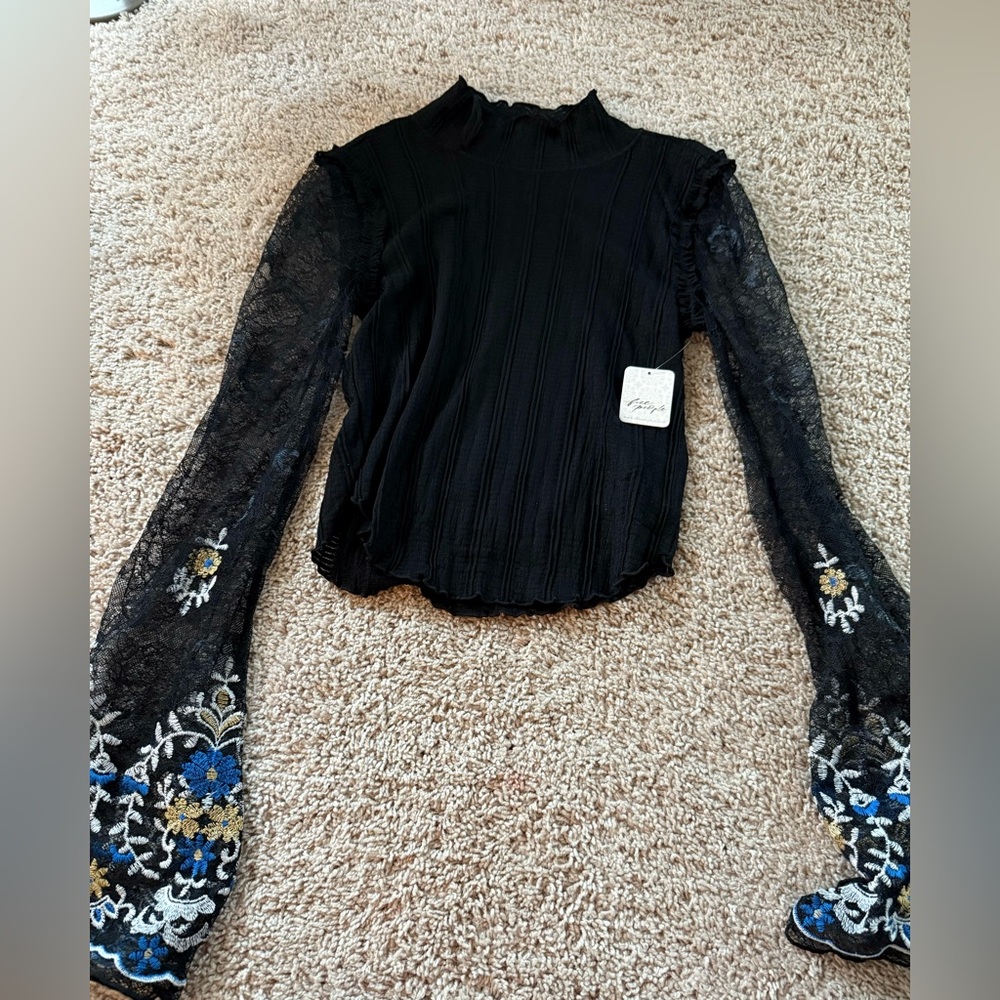 Free People Embroidered lace sleeve turtleneck